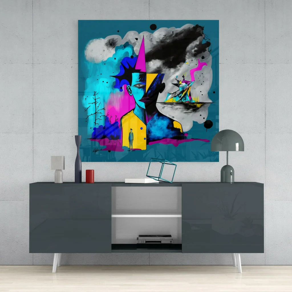 Vibrant yellow figure in teal pink black on bold magenta glass wall art canvas