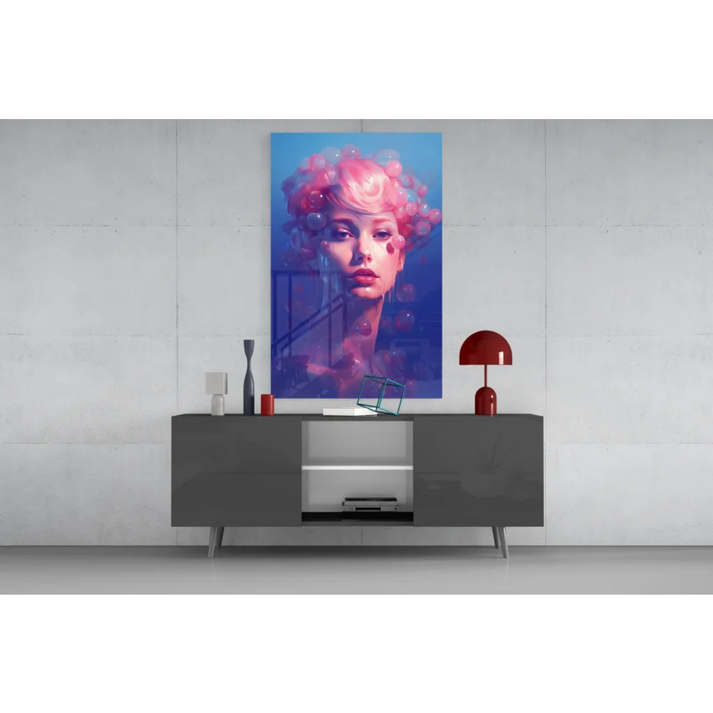 Vibrant cosmic pink hair woman glass wall art canvas print on gray console