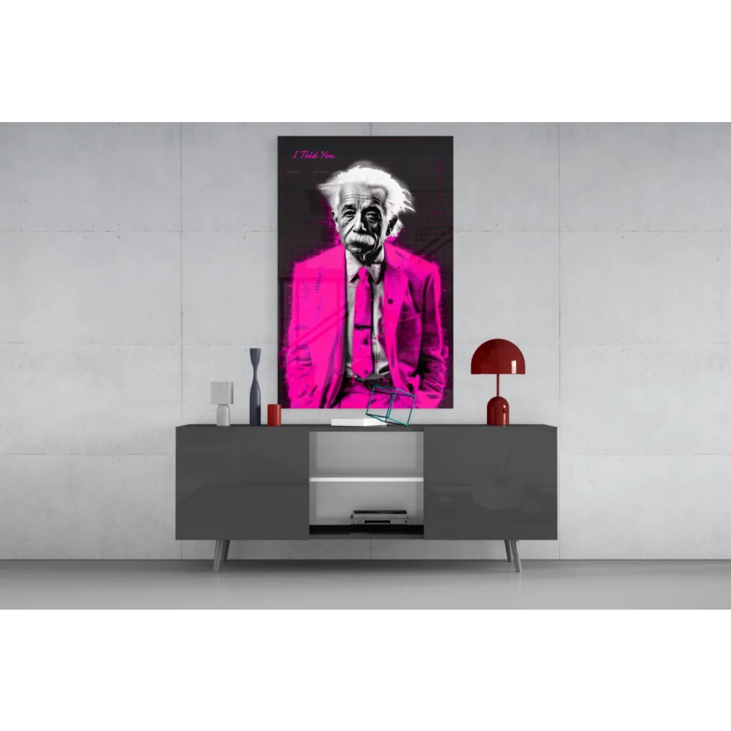 Pink-suited Albert Einstein glass wall art poster
