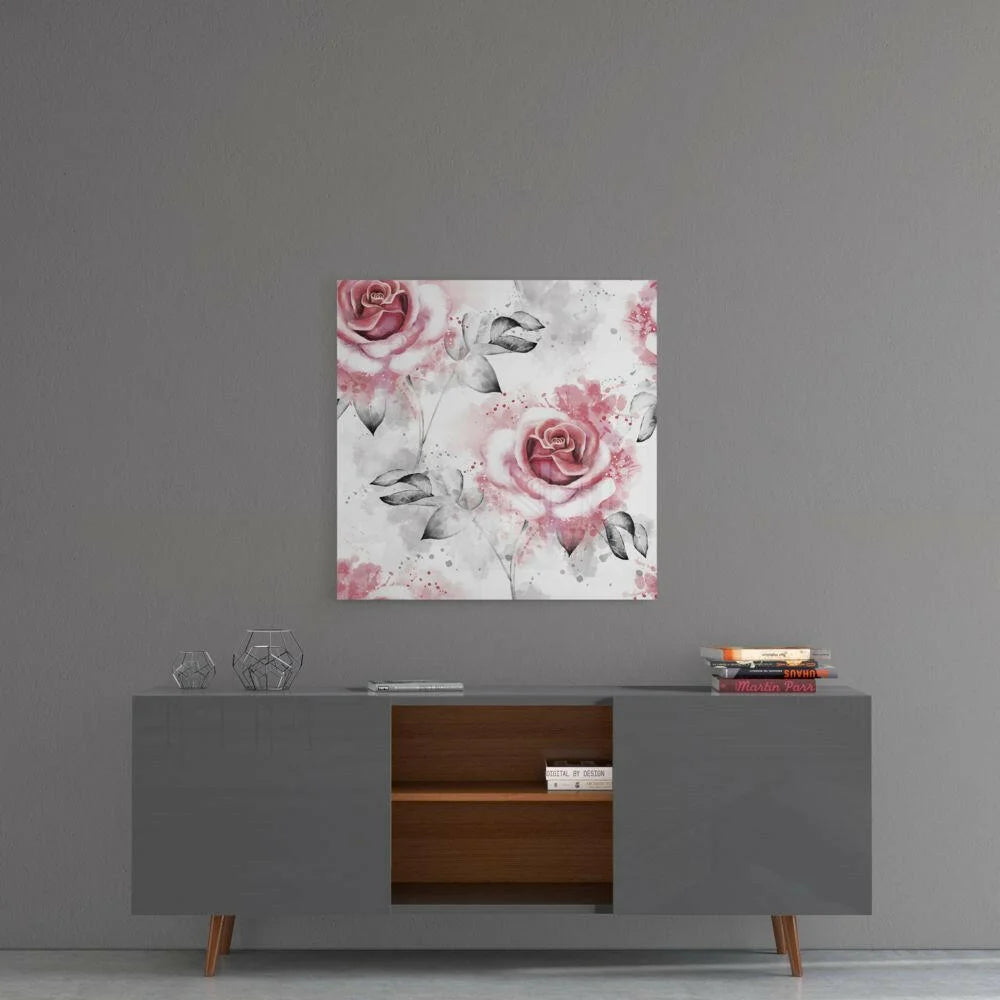 Watercolor pink roses canvas wall art with gray leaves and splatters