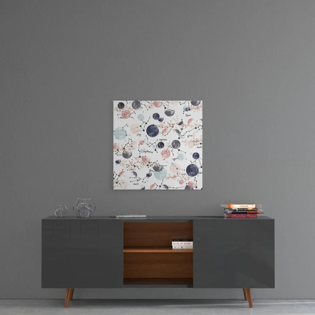 Celestial watercolor glass art with pink blue planets and zodiac constellations on tempered glass