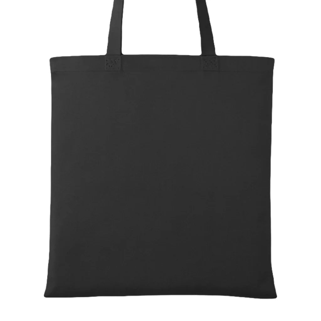 Black canvas tote bag with long handles and playful cartoon characters