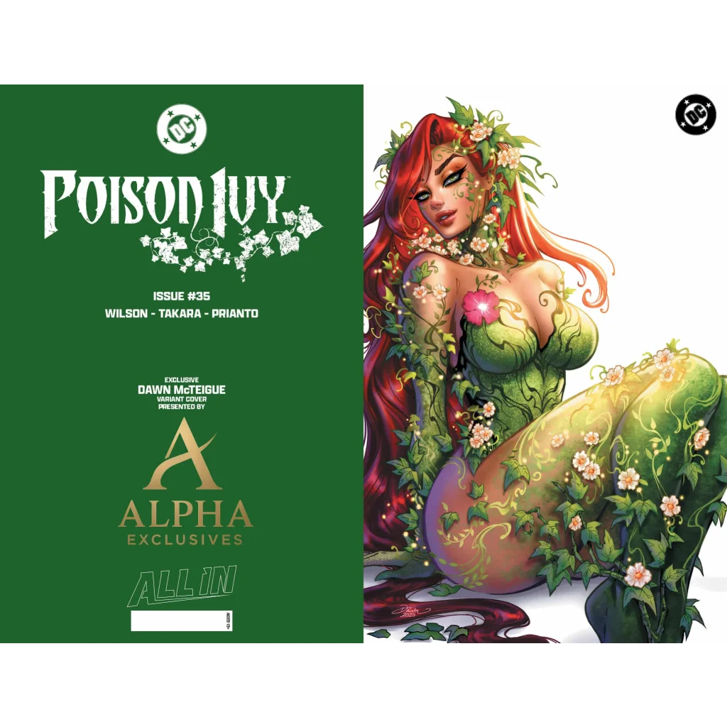 Poison Ivy in green pink floral vine bodysuit comic cover showdown