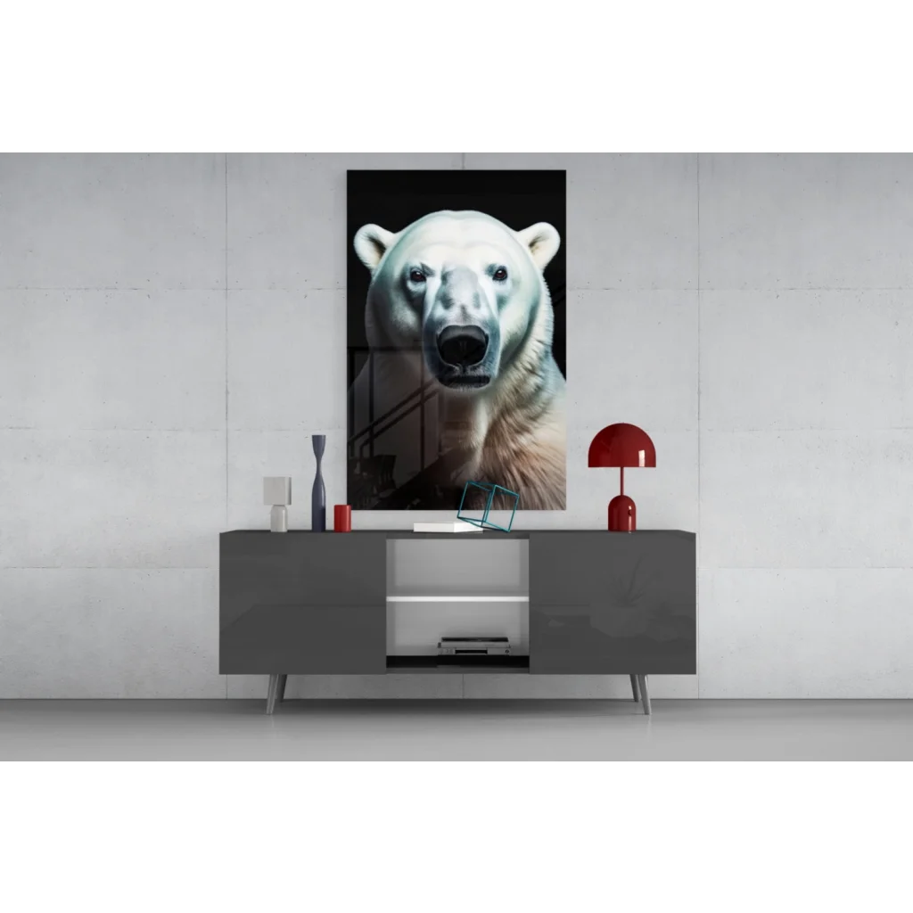Stunning black-and-white polar bear glass wall art portrait