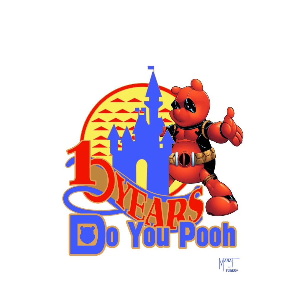 Red Deadpool plush with blue castle and yellow sun, Do You Pooh MegaCon 2025 exclusive