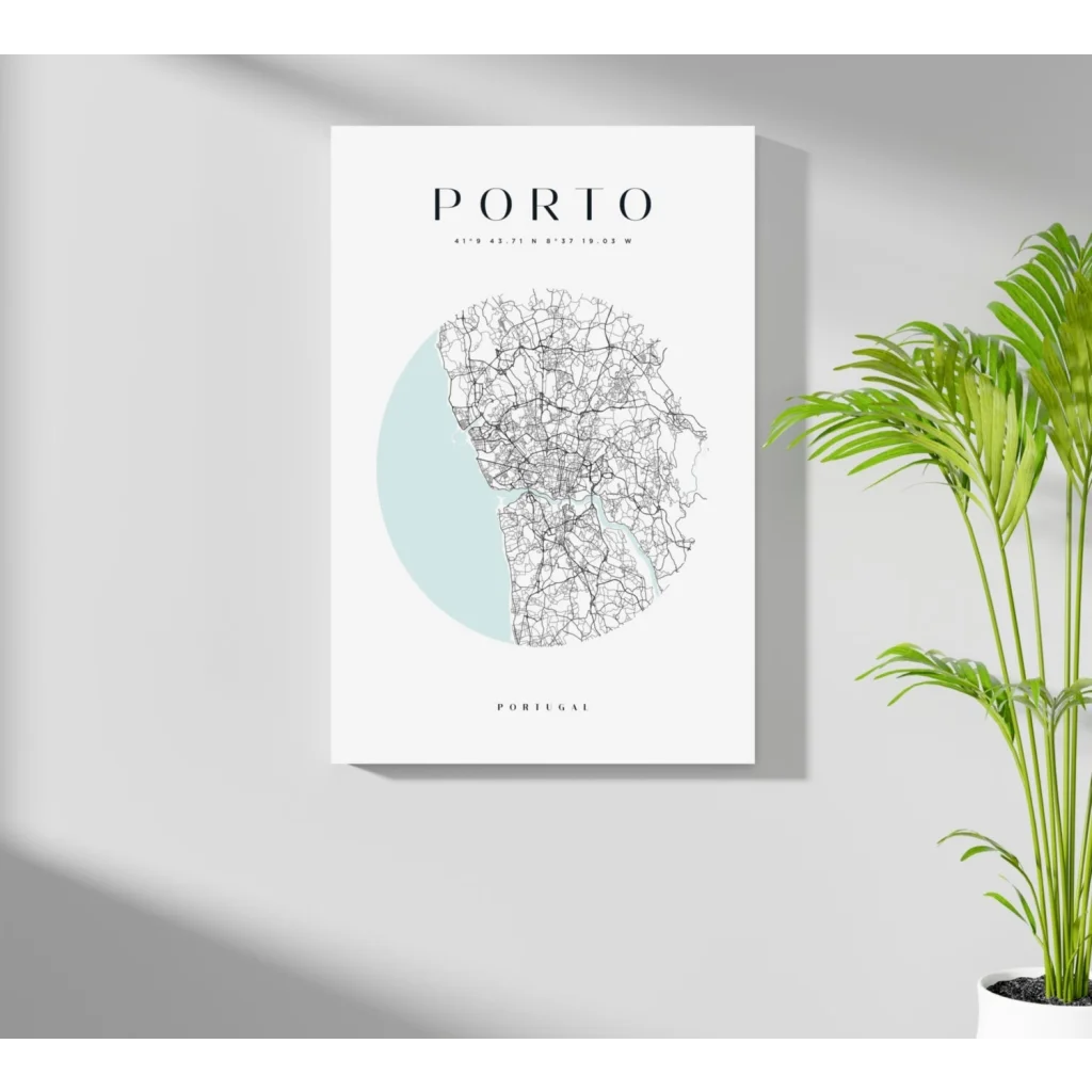 Minimalist Porto Portugal map aluminum print in black line art