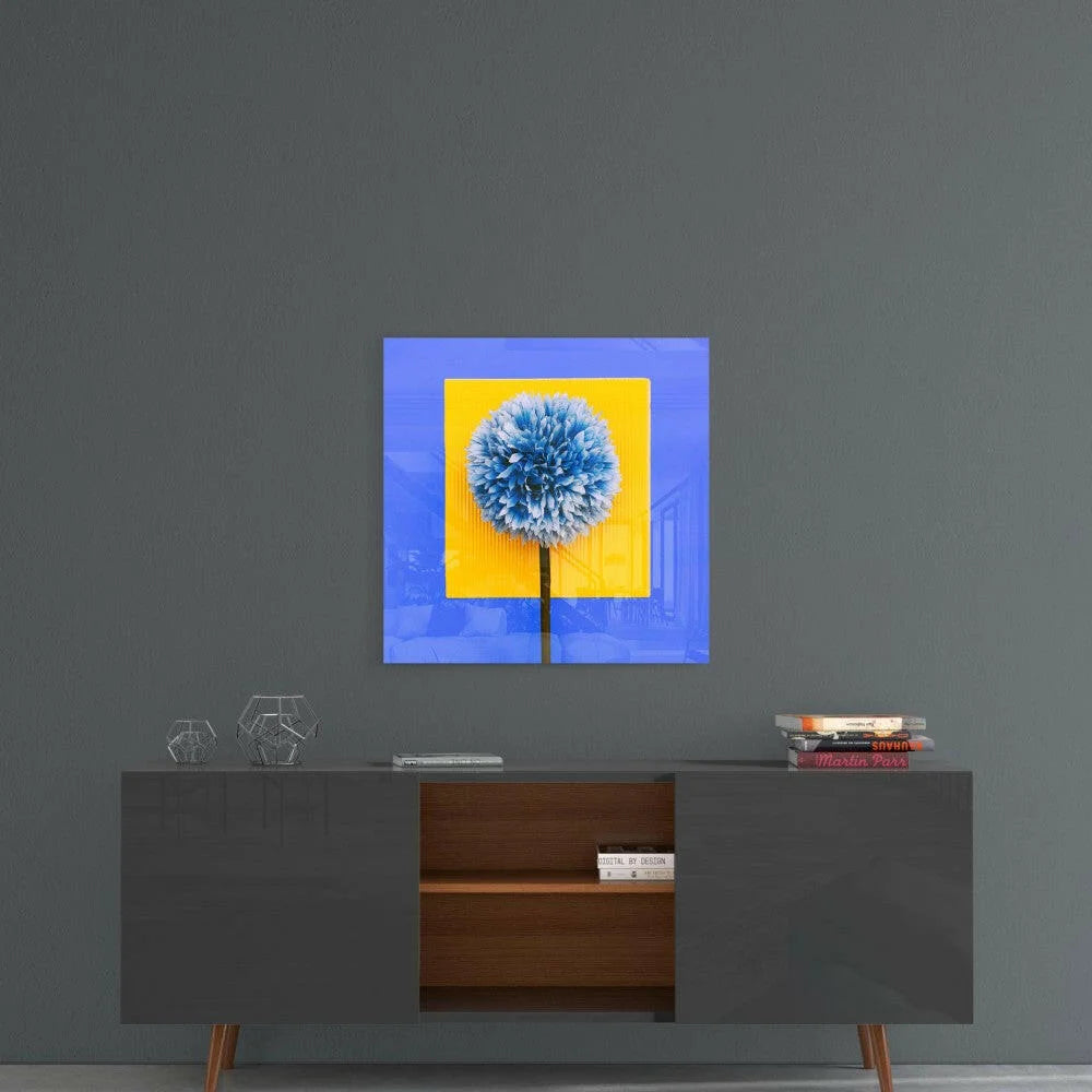 Stunning blue yellow dandelion glass wall art panel with fluffy bloom