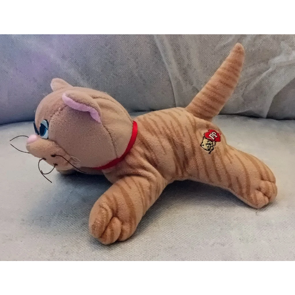 Vintage 1986 Pound Purries Newborn striped cat plush toy with tan orange stripes red collar Mickey Mouse tail patch