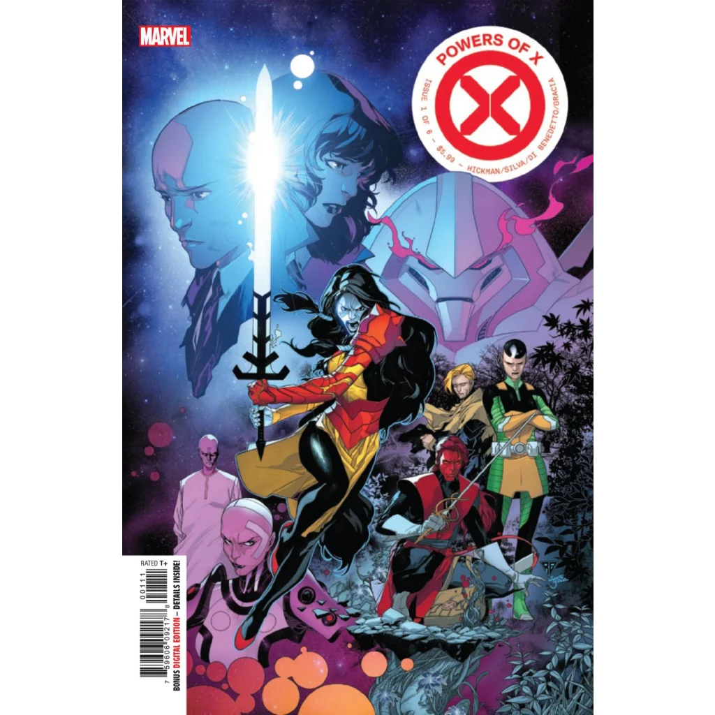 Powers of X #1 Marvel comic cover with hero in red-yellow costume holding glowing sword