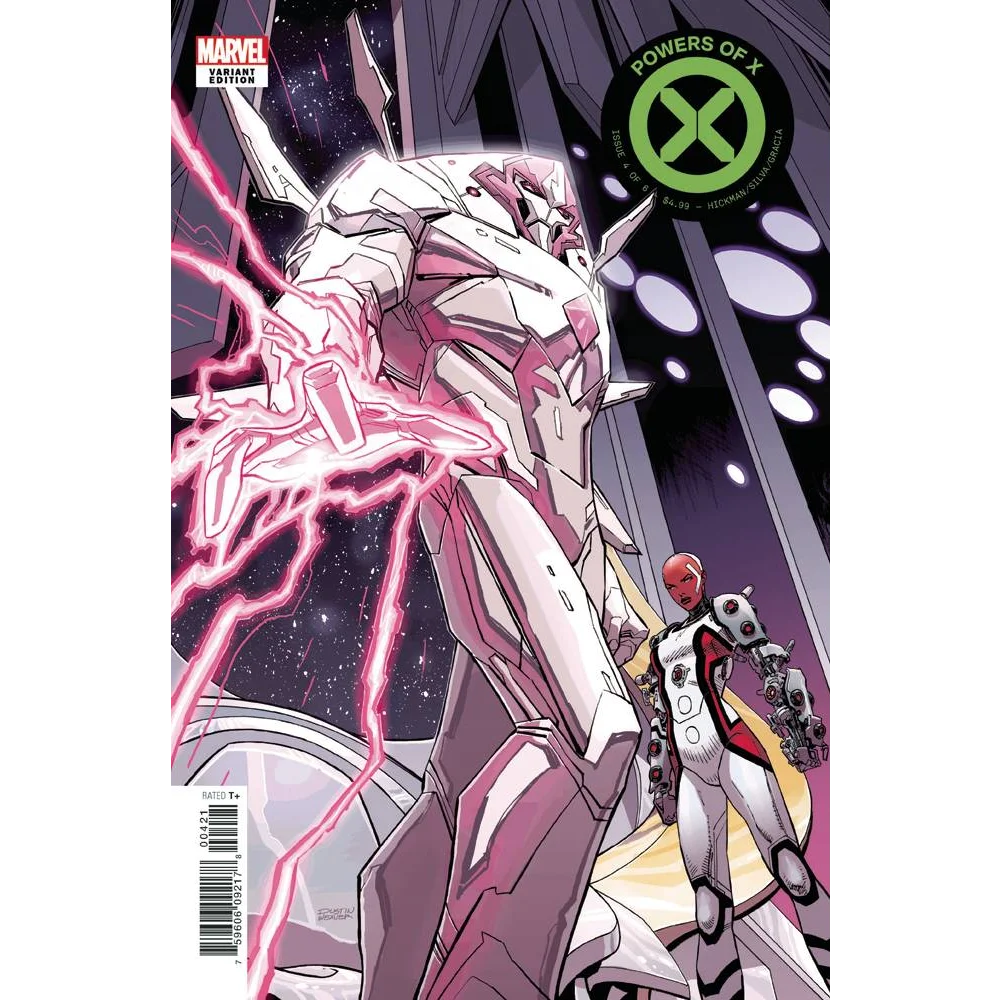 Towering white and pink armored Weaver character var in Powers of X #4