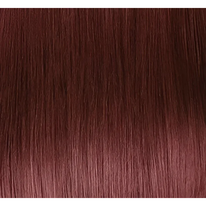 Swatch of dark auburn human hair tape in extensions with reddish-pink undertones