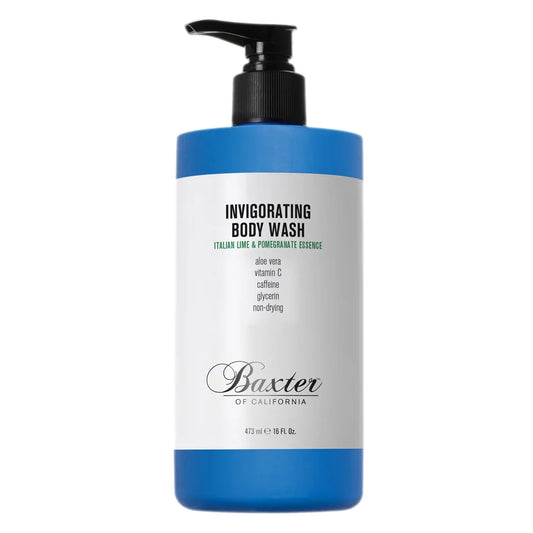 Blue and white pump bottle of Baxter of California invigorating body wash with black pump dispenser, front label view.