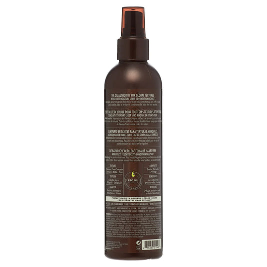 Dark brown spray bottle of Macadamia Weightless Moisture Leave-In Conditioning Mist shown from back view displaying product information and ingredients.