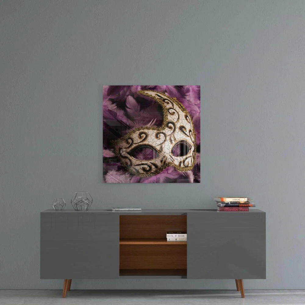Ornate Venetian mask glass wall art with gold glitter and purple feathers