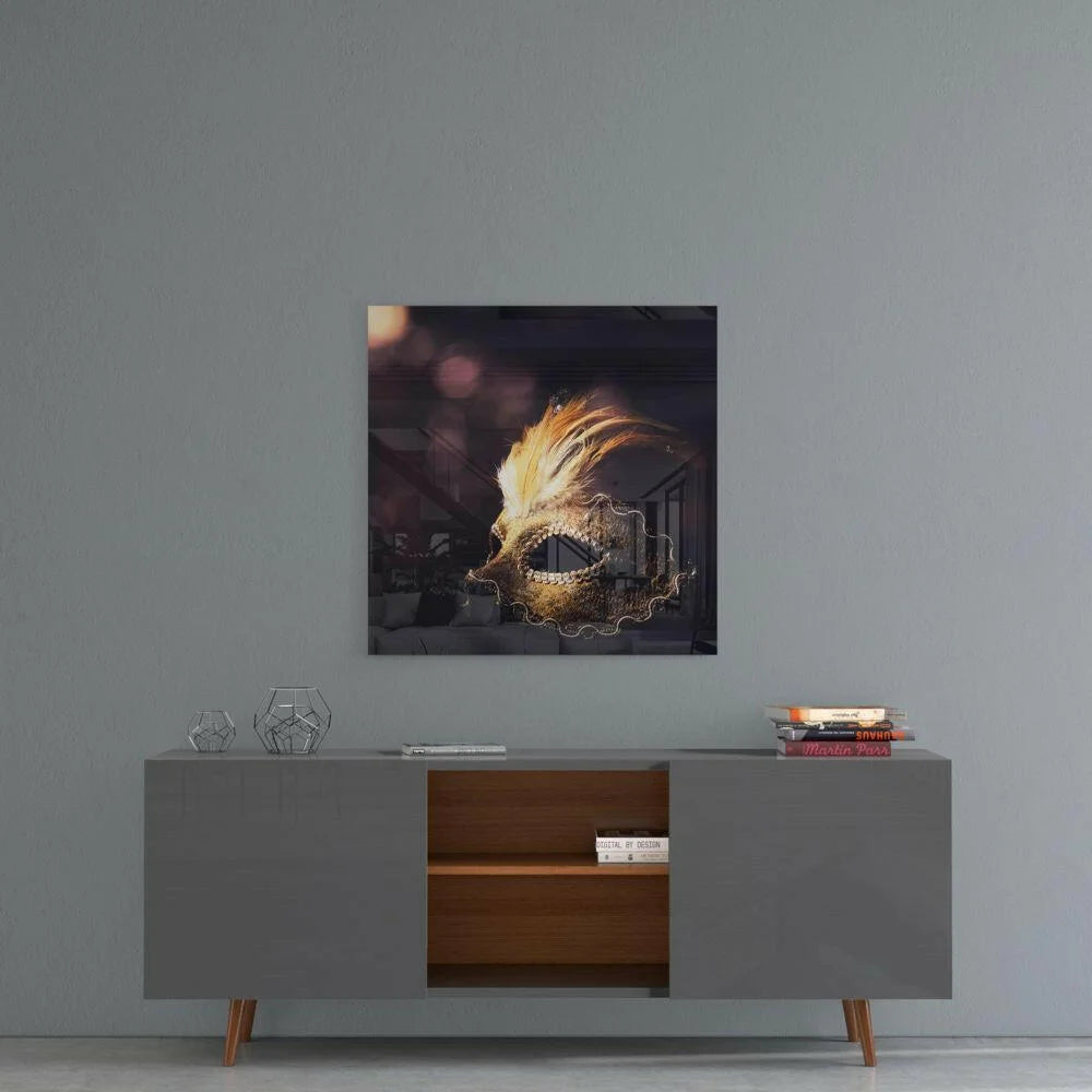 Luxe Gold Feather Masquerade glass wall art with ornate beaded mask