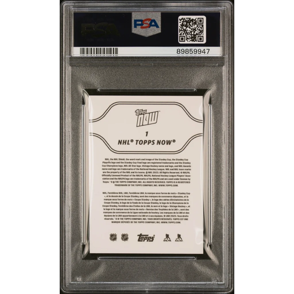 NHL Topps Now hockey card featuring Connor Bedard rookie stats in black and white design