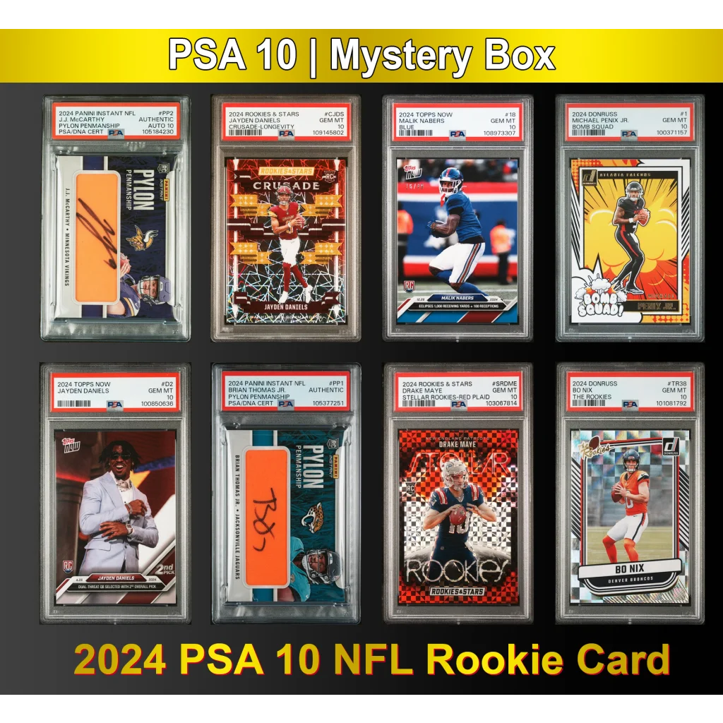 Display of eight PSA 10 NFL rookie cards featuring Jayden Daniels and Malik Nabers