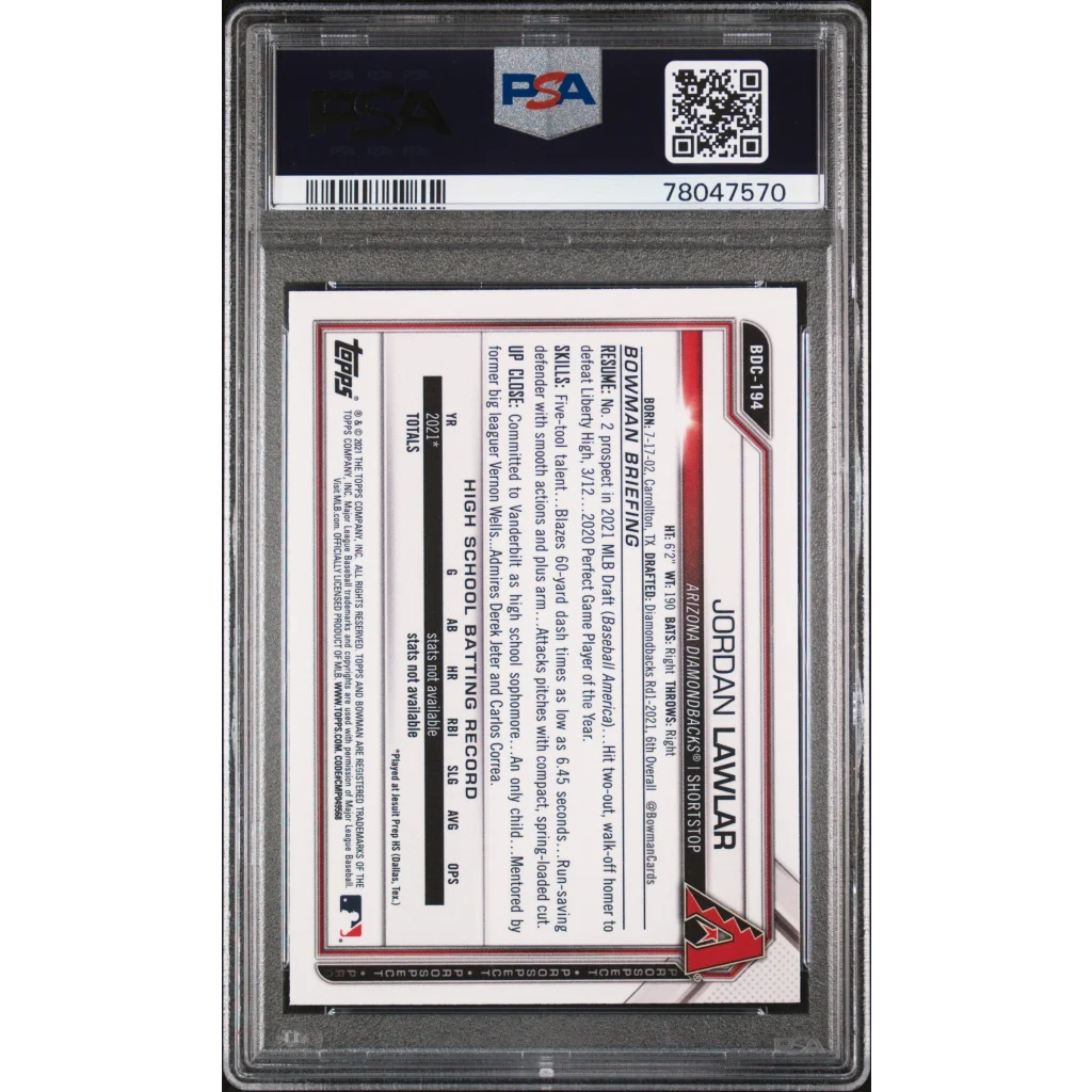 Graded PSA 10 Jordan Lawlar 2021 Bowman Draft Chrome Rookie Card image