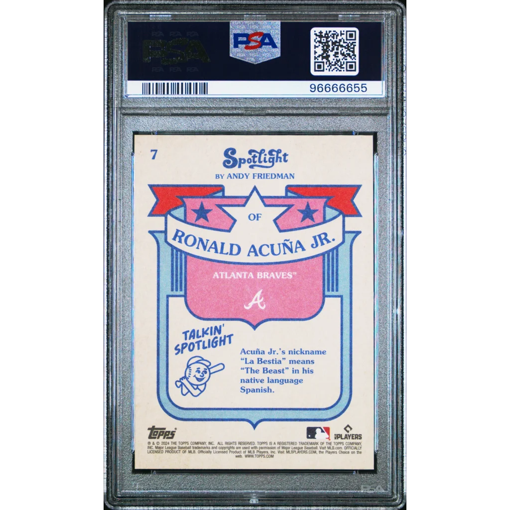 Graded PSA 10 Ronald Acuña Jr 2024 Topps Spotlight baseball card on display