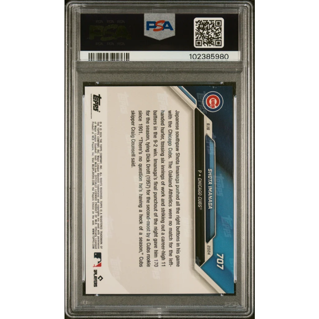 Baseball trading card in protective slab PSA 10 Shota Imanaga 2024 Topps Now Blue Rookie