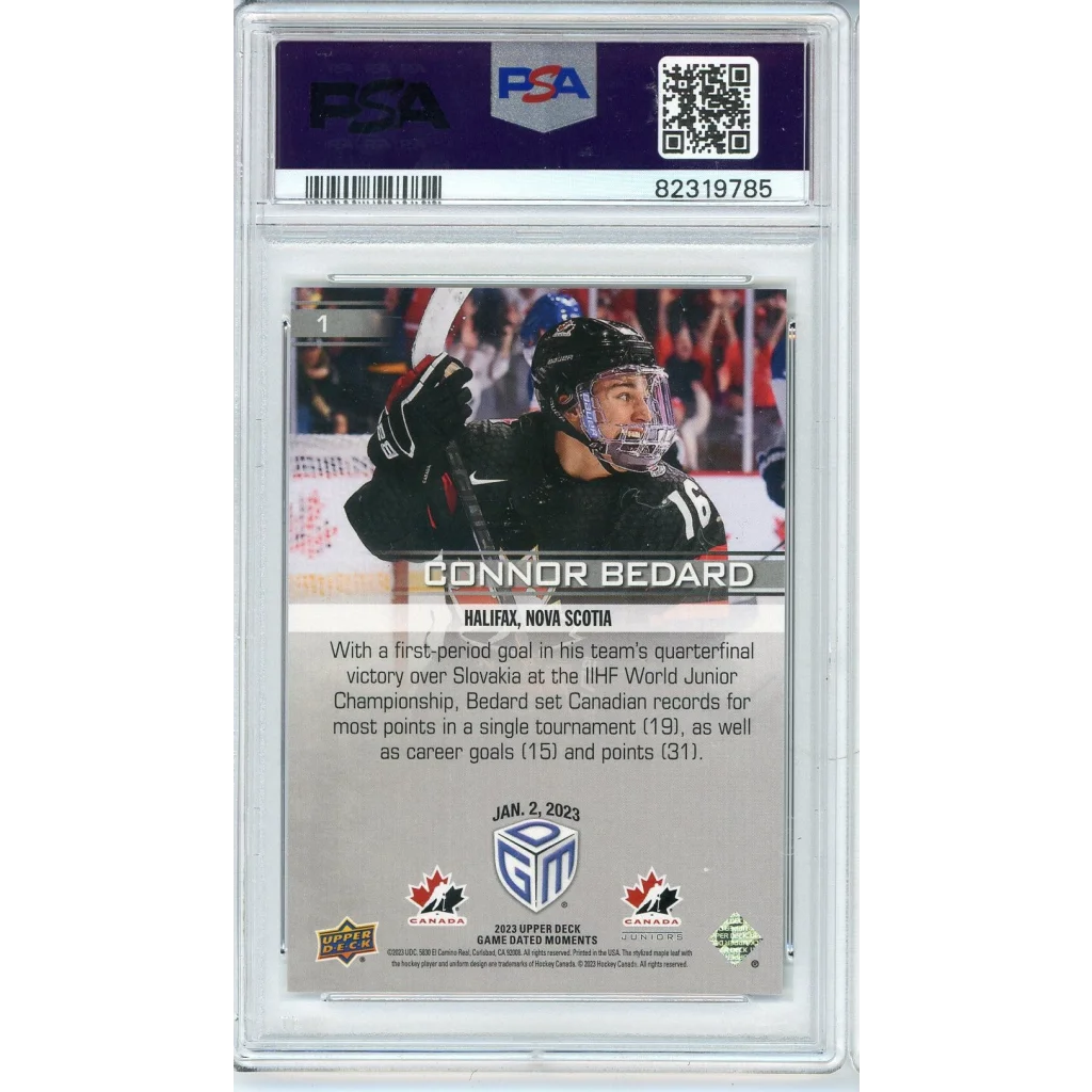Graded gem mint 10 Connor Bedard 2023 Upper Deck Rookie Card hockey trading card