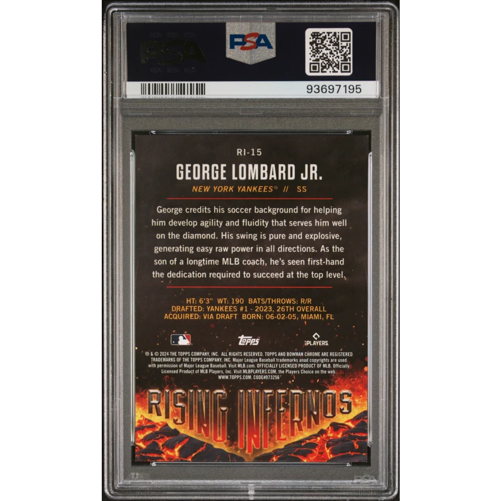 Graded PSA Gem Mint 10 George Lombard Jr 2024 Bowman Baseball Card on display