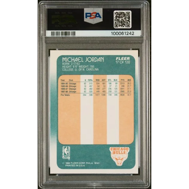 PSA graded 1986 Fleer Michael Jordan rookie card in orange teal design
