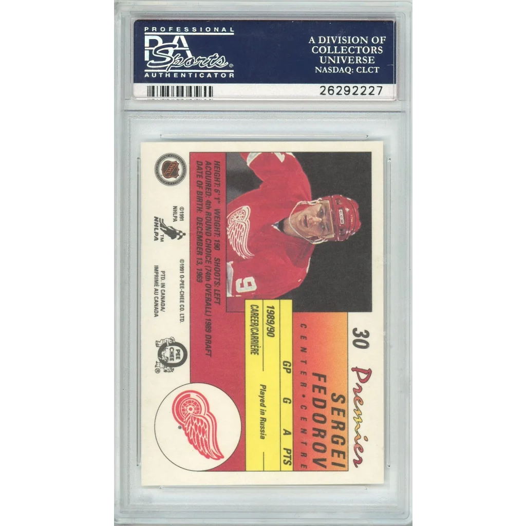 Hockey trading card of Sergei Fedorov in a PSA graded protective slab