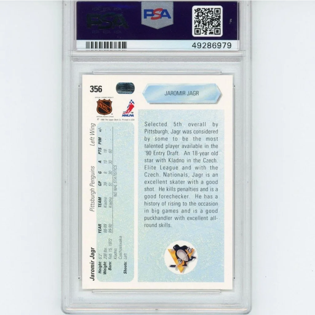 PSA graded 1990 Upper Deck Jaromir Jagr rookie hockey card on display