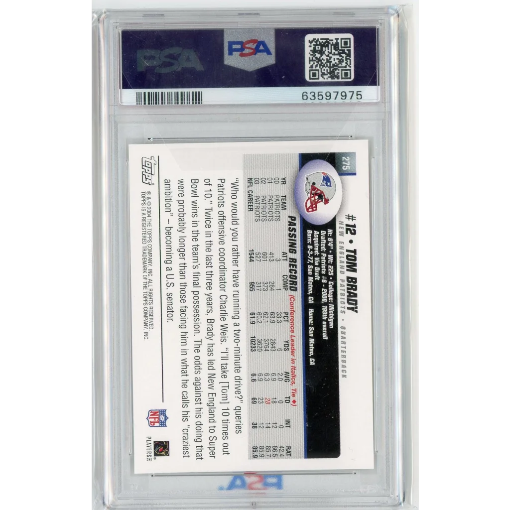 Graded 2004 Topps Tom Brady football card in PSA case for collectors