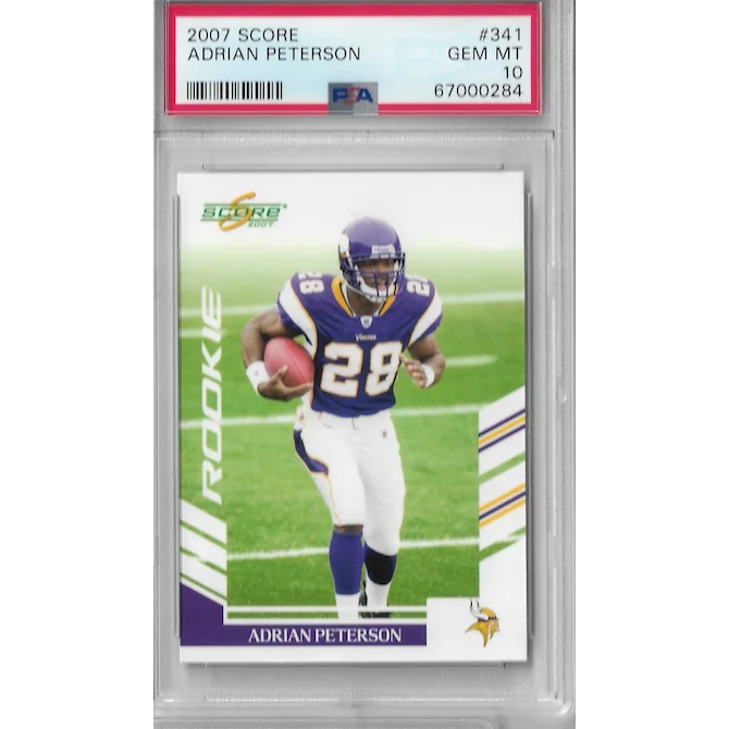 A graded 2007 Score Adrian Peterson rookie football card in PSA holder
