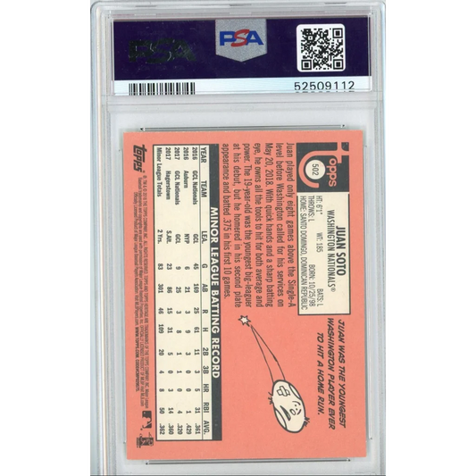 PSA graded 2018 Topps Heritage Juan Soto rookie card with orange white design and stats