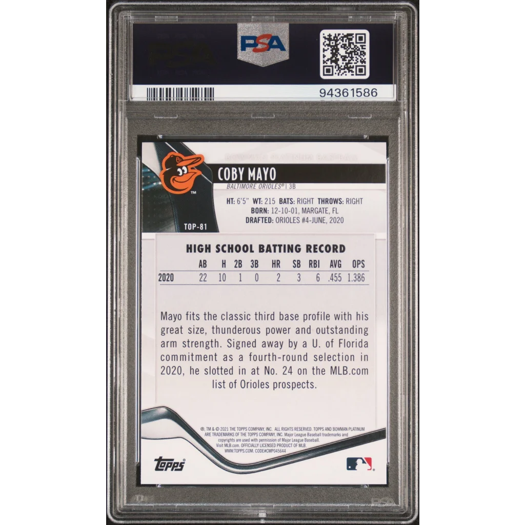 PSA Graded 2021 Bowman Platinum Coby Mayo Baseball Card showing graded trading card