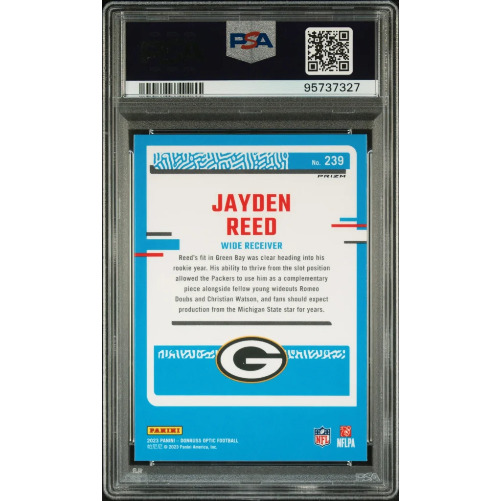 PSA Graded 2023 Donruss Optic Jayden Reed Purple Shock Football Card on display