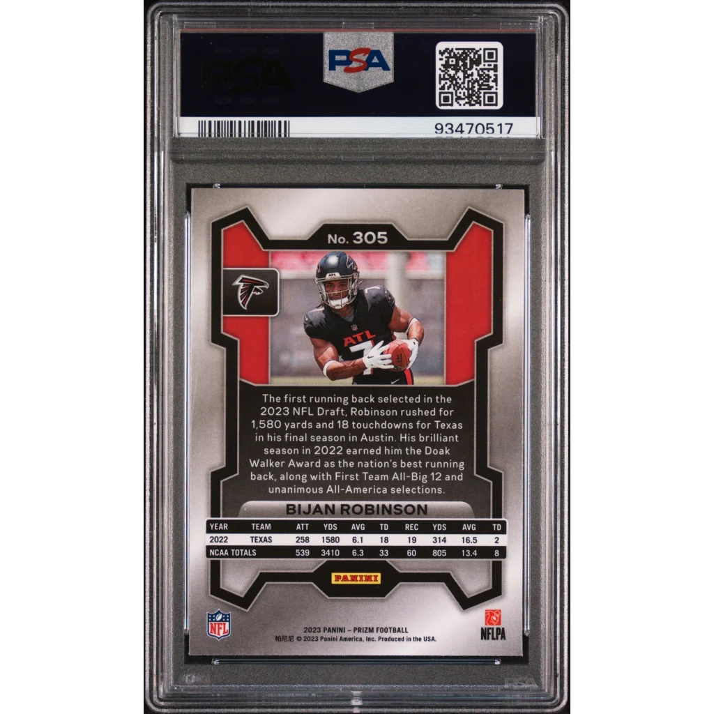 PSA Graded 2023 Prizm Bijan Robinson Football Trading Card on display