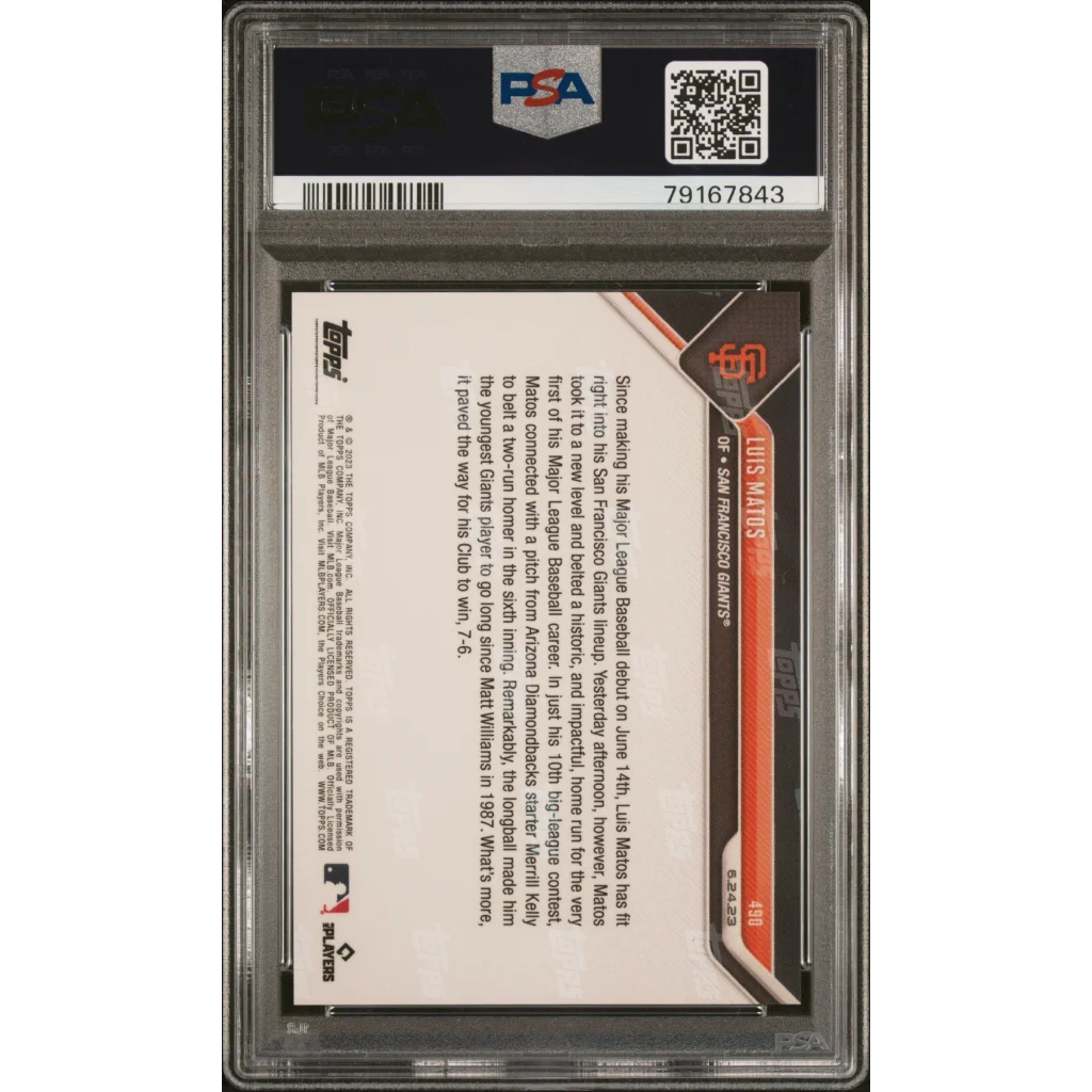 Graded Luis Matos 2023 Topps Now baseball card in PSA case for collectors