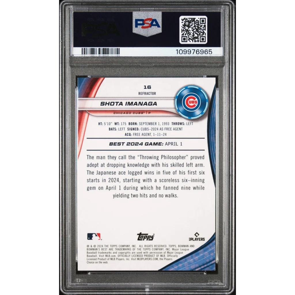 A graded PSA 2024 Bowman’s Best Shota Imanaga Refractor baseball card