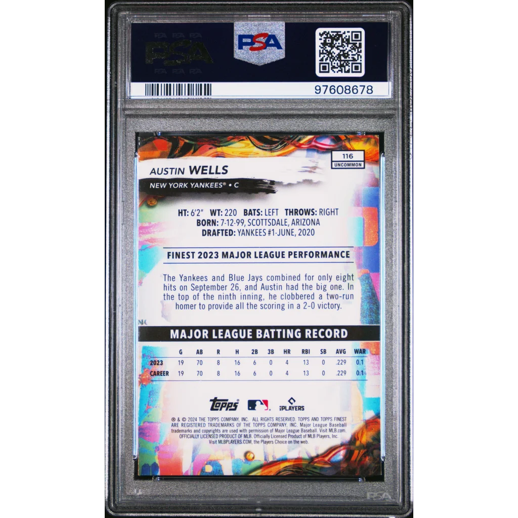 Encased PSA Graded 2024 Finest Austin Wells Checkerboard Refractor Baseball Card