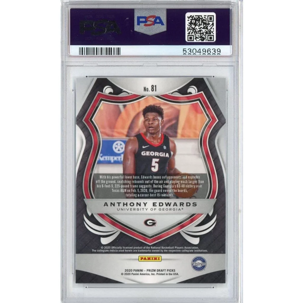 PSA graded Anthony Edwards 2020 Panini Prizm rookie basketball card on display