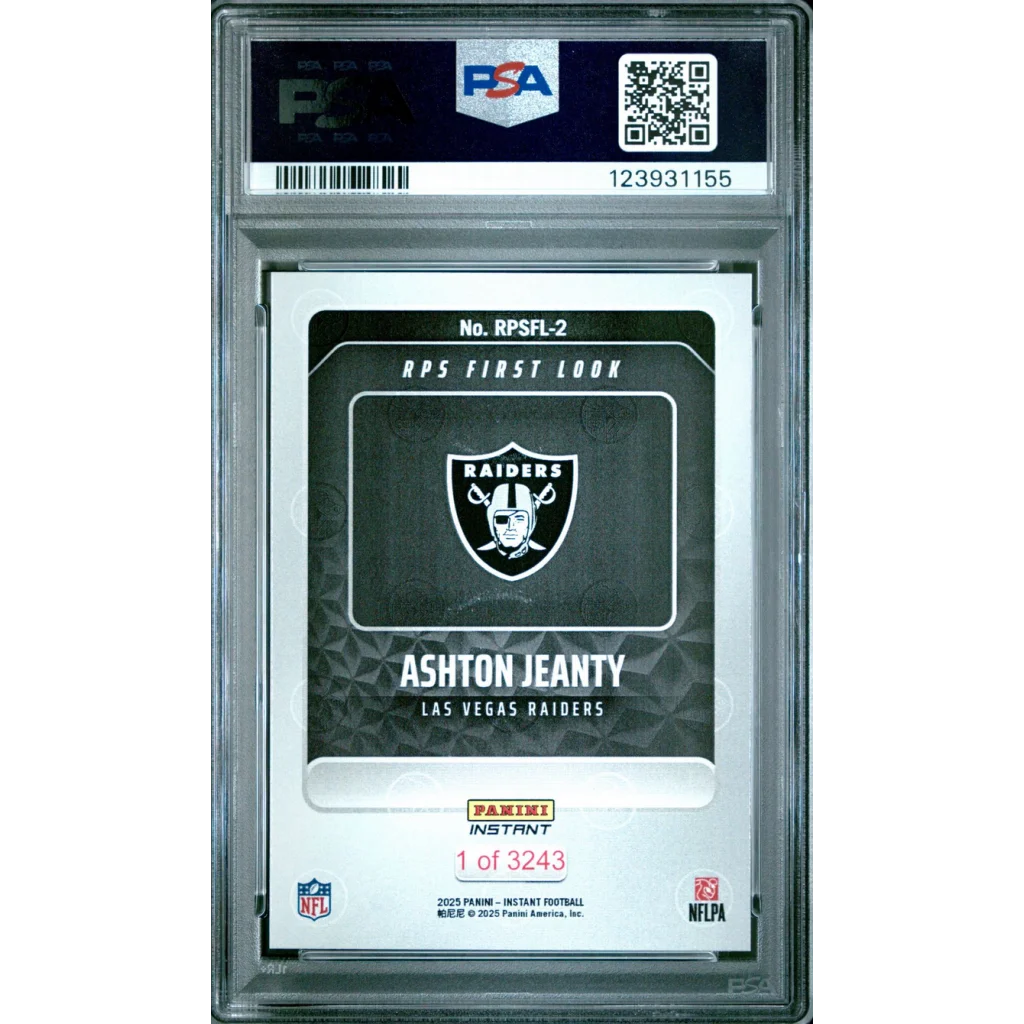 Black and white Raiders rookie card of Ashton Jeanty PSA graded 1 of 3243