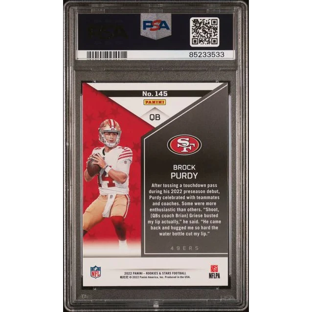 PSA graded Brock Purdy 2022 Rookies & Stars rookie football card on display