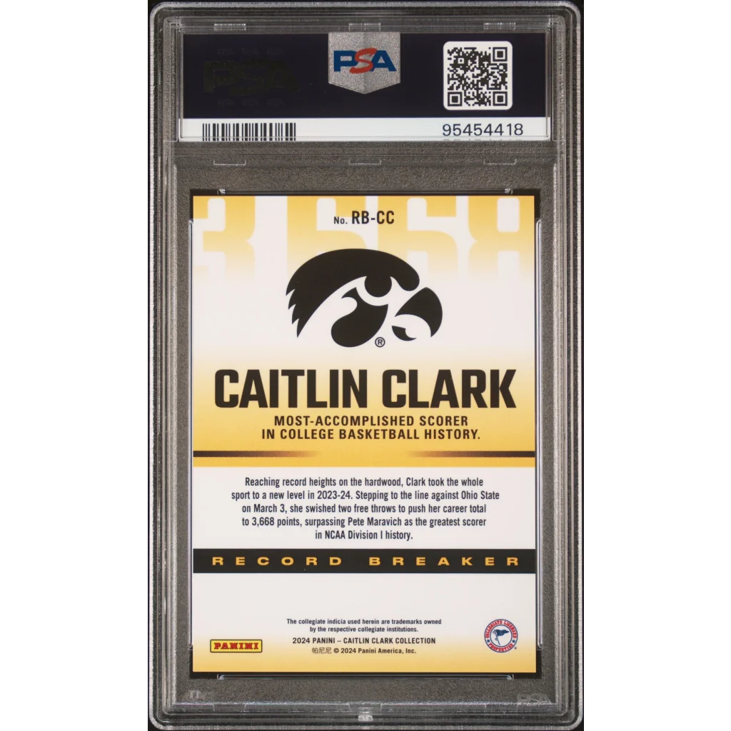 PSA graded Caitlin Clark Record Breaker basketball card from the 2024 collection