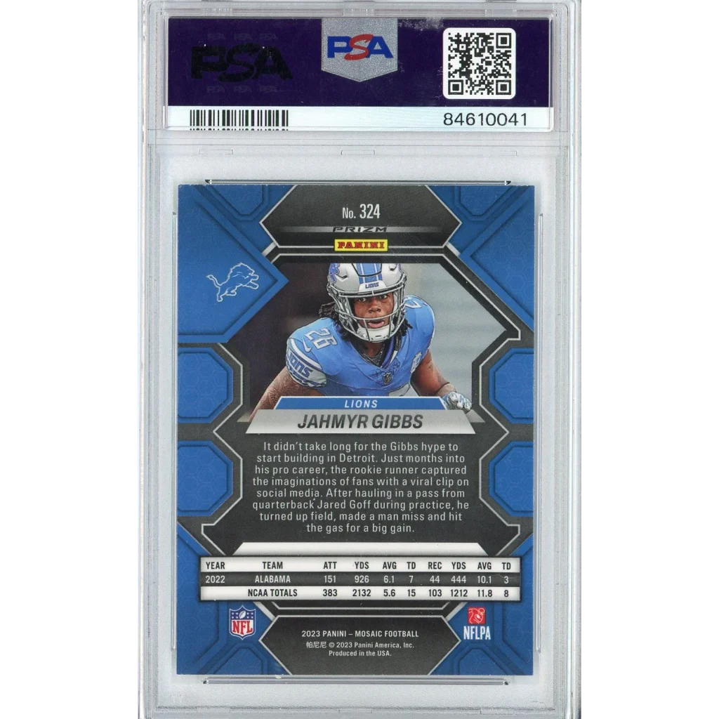 PSA graded Jahmyr Gibbs 2023 Mosaic rookie card blue white action