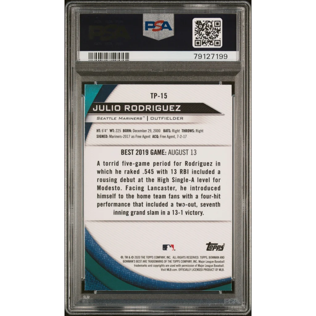 2019 Topps baseball card of Julio Rodriguez with teal and white accents in PSA graded rookie card