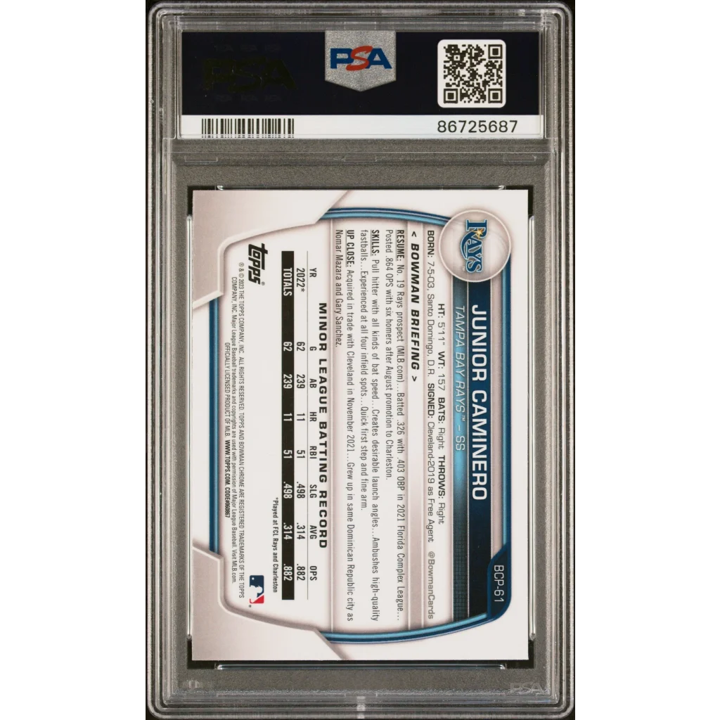A graded Junior Caminero 2023 Bowman Chrome Baseball Card in PSA case
