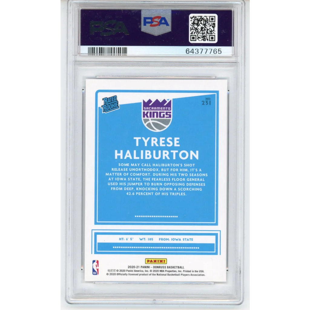 Graded Tyrese Haliburton 2020 Panini Donruss Rookie Basketball Card in PSA case