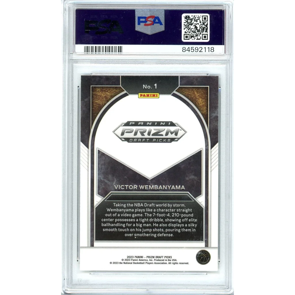 Graded Victor Wembanyama 2023 Prizm Draft Picks basketball trading card in display case