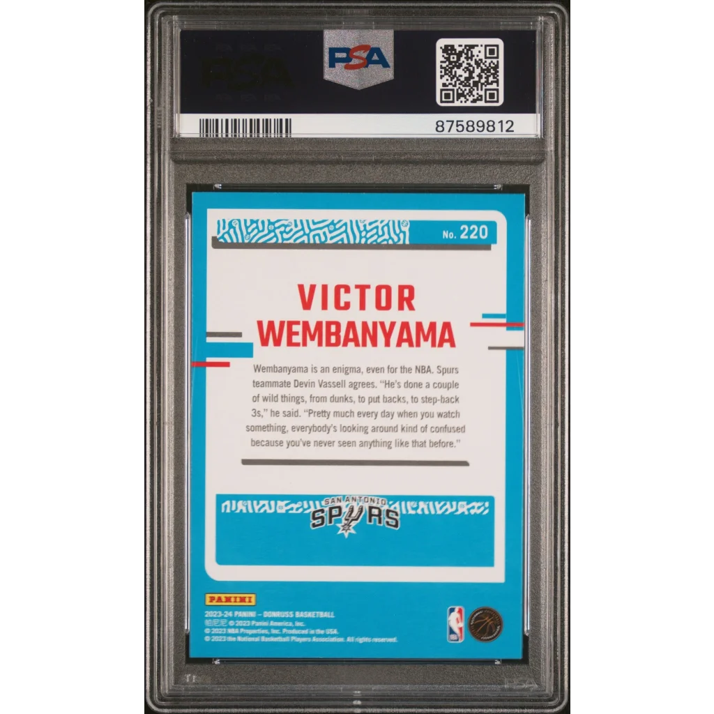 PSA graded Victor Wembanyama Spurs rookie card, blue and white hoops design