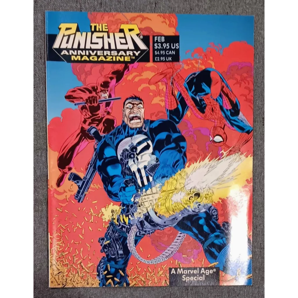 Punisher Anniversary Magazine epic action scene with blue and black Punisher wielding large gun