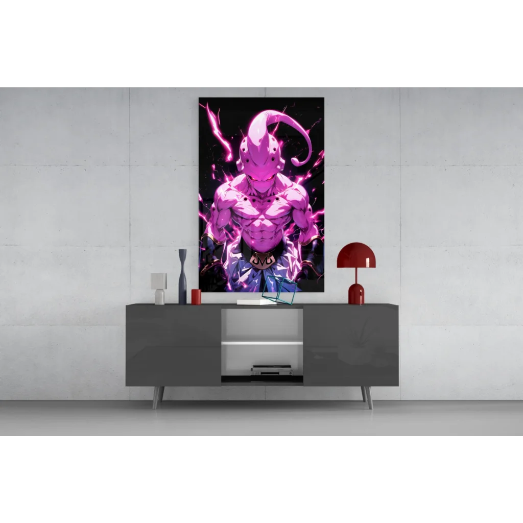 Glowing pink anime warrior glass wall art poster with muscular horned character